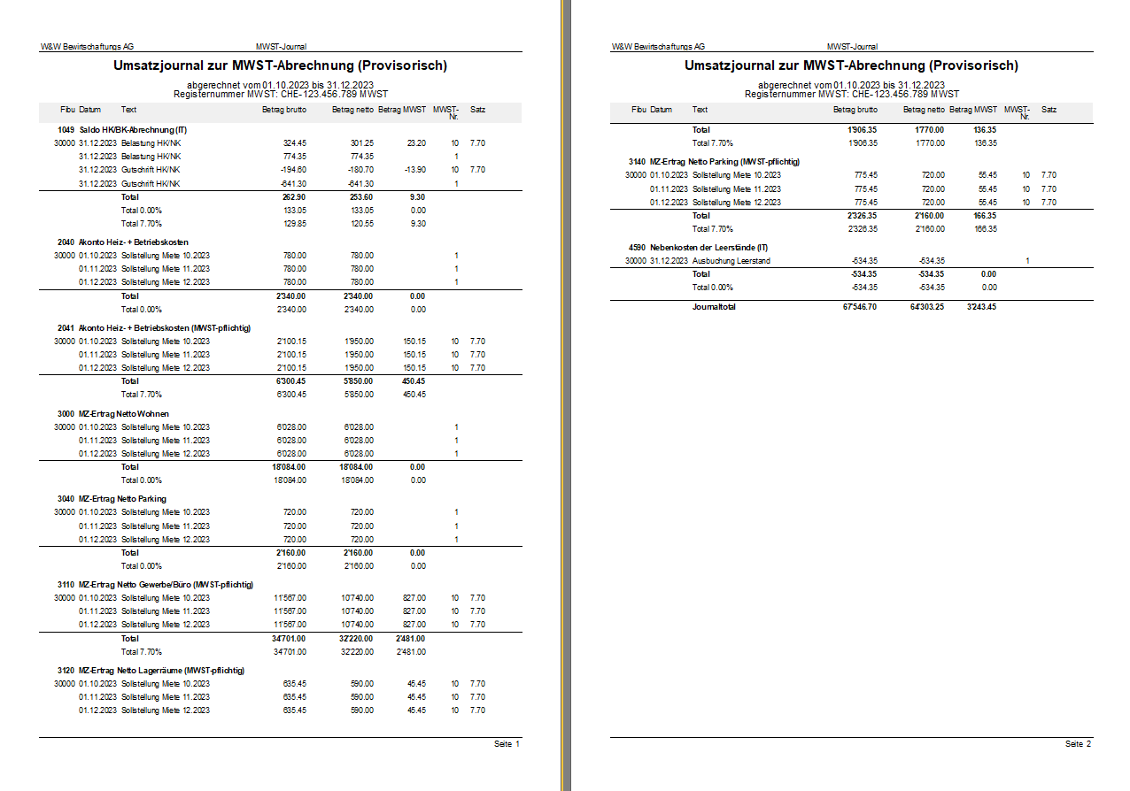 Screenshot: Folgeseite des provisorischen Umsatzjournals zur MWST-Abrechnung