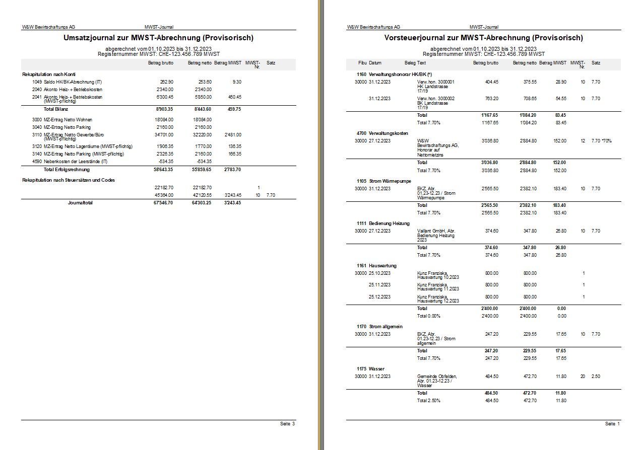 Screenshot: Erste Seite des provisorischen Vorsteuerjournals zur MWST-Abrechnung