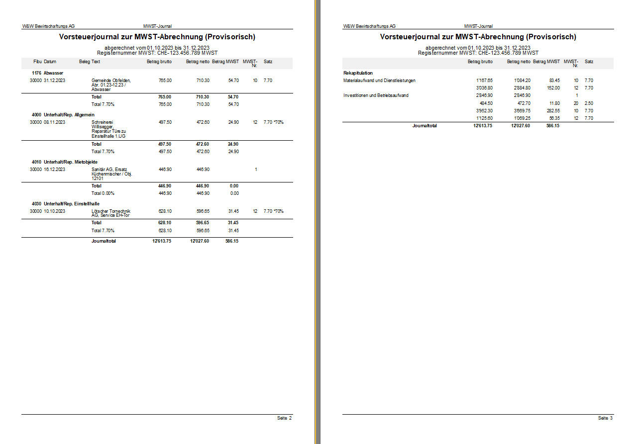 Screenshot: Folgeseite des provisorischen Vorsteuerjournals zur MWST-Abrechnung