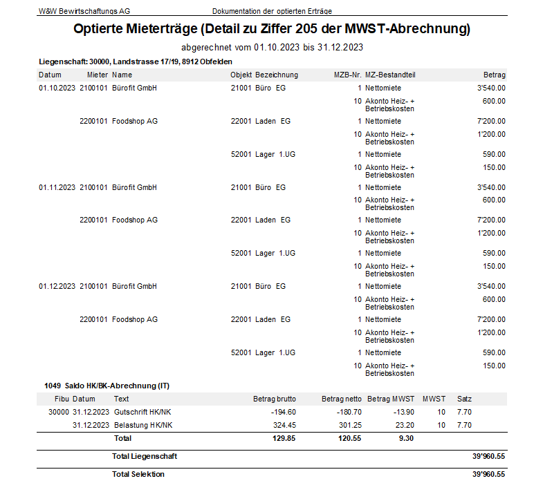 Screenshot: Dokumentation der optierten Mietverträge mit Detail zu Ziffer 205