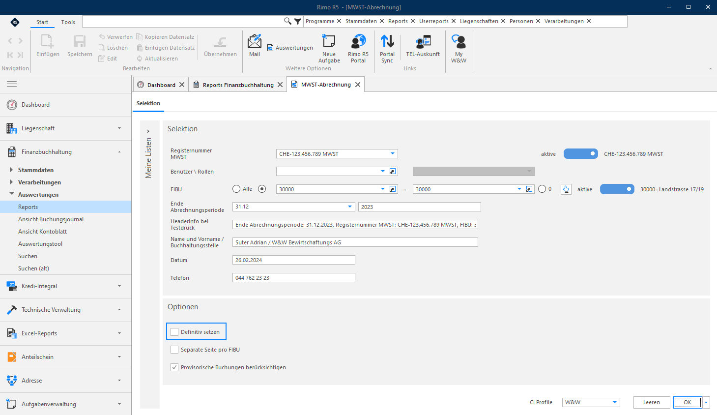 Screenshot: Auswahlmaske für die provisorische MWST-Abrechnung mit Option Separate Seite pro FIBU