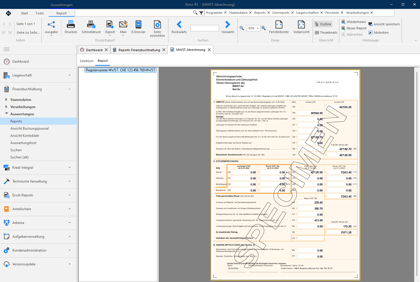 Screenshot: Provisorische MWST-Abrechnung auf dem offiziellen Formular
