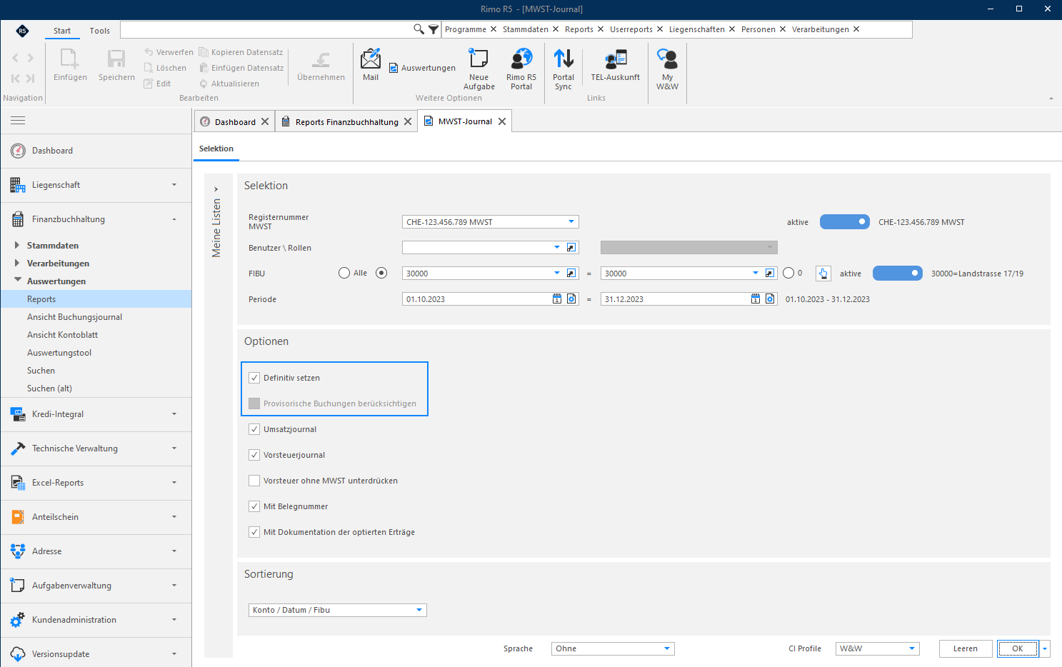 Screenshot: Auswahlmaske MWST-Journal mit aktivierter Option Definitiv setzen