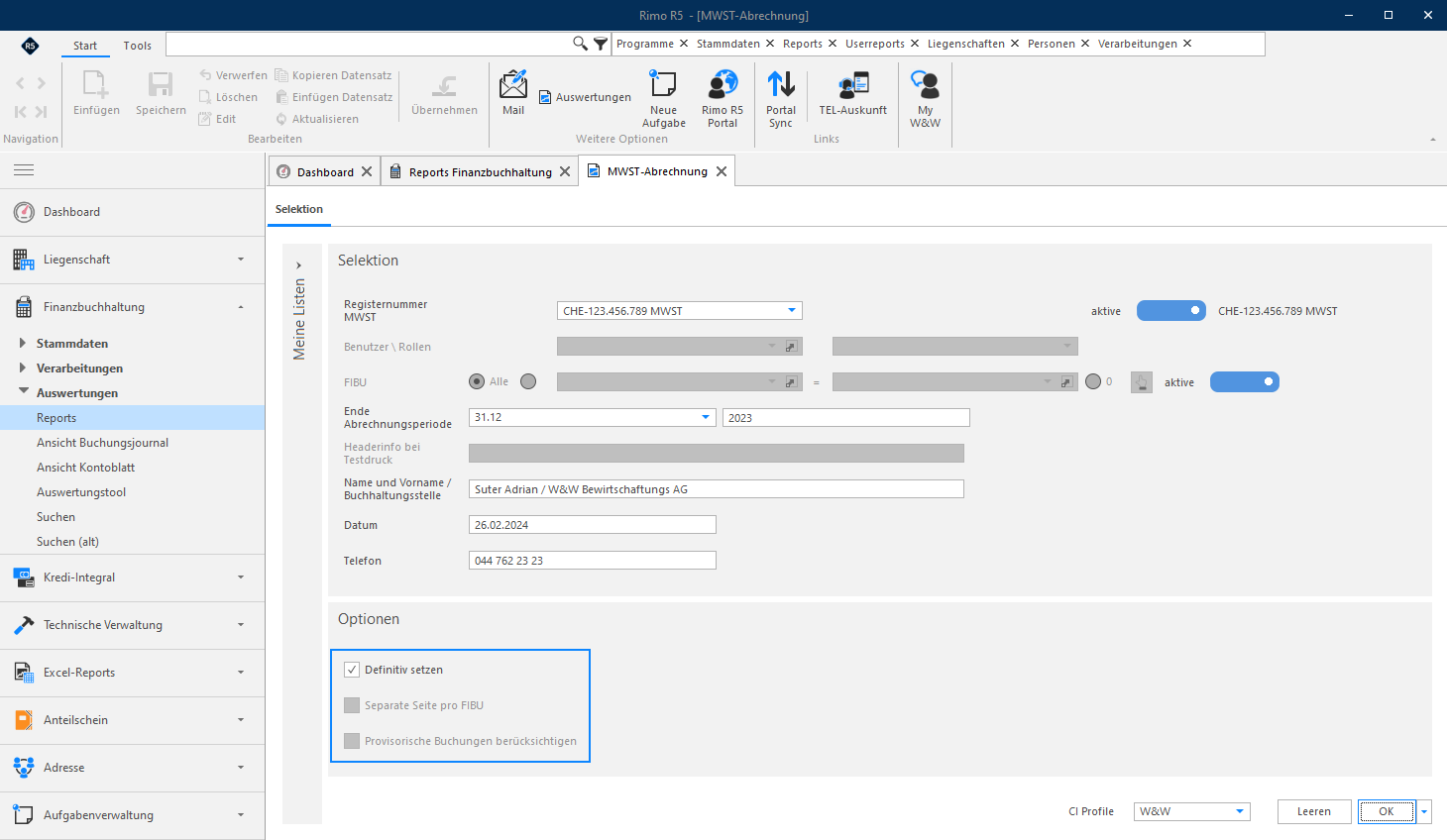 Screenshot: Auswahlmaske MWST-Abrechnung mit aktivierter Option Definitiv setzen