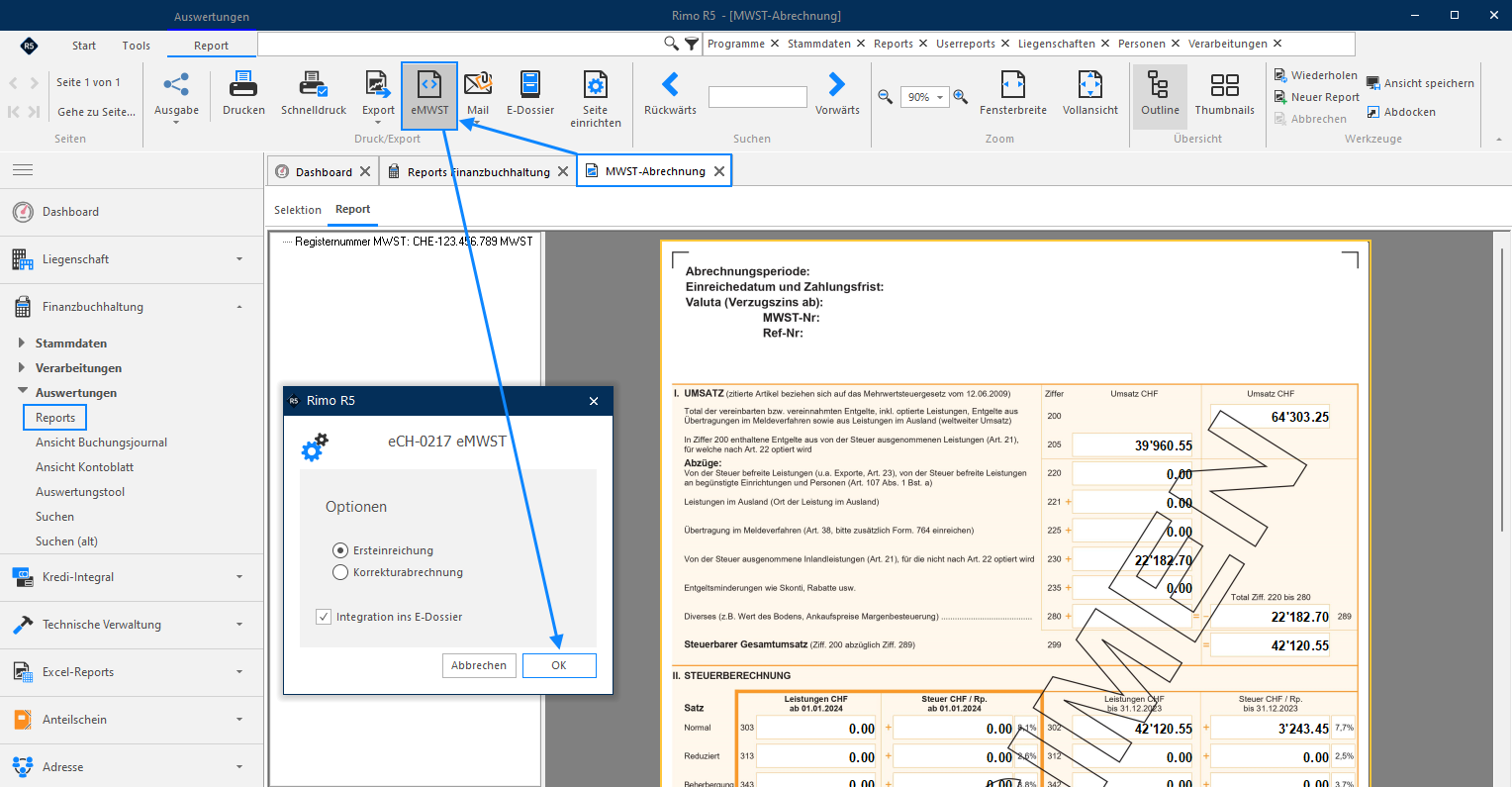 Screenshot: Optionen im Dialog eCH-0217 eMWST für Ersteinreichung oder Korrekturabrechnung