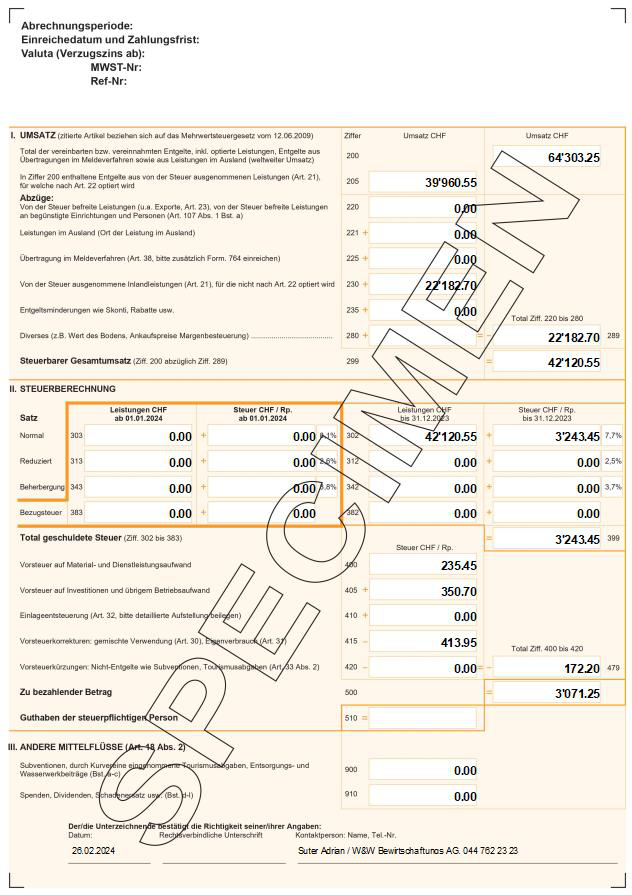 Screenshot: Ausgabe der MWST-Abrechnung auf dem offiziellen Formular