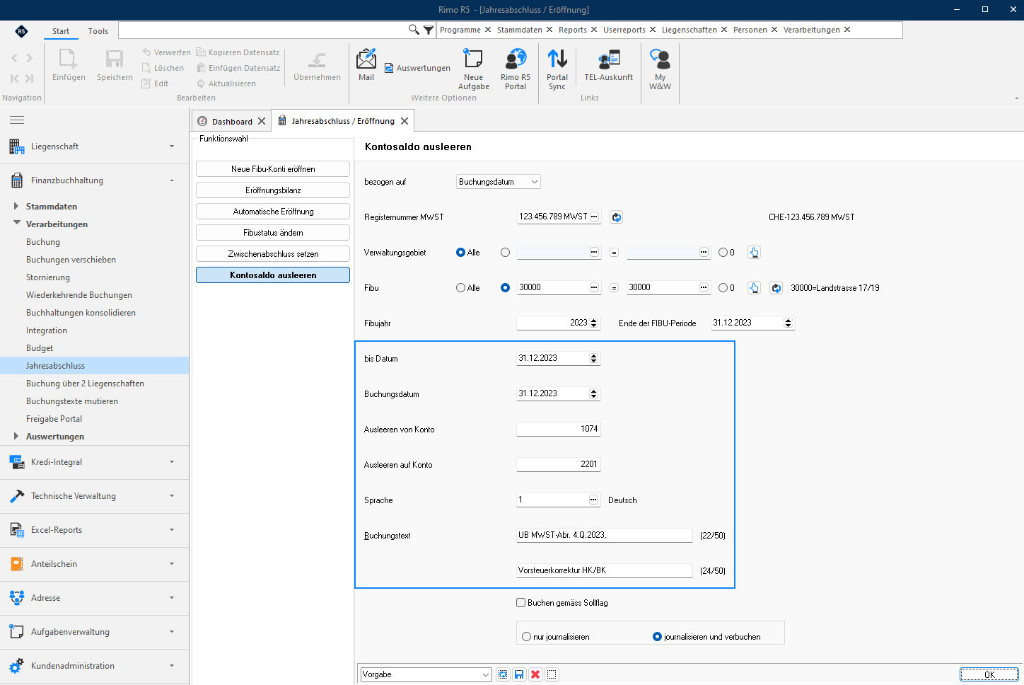 Screenshot: Funktion Kontosaldo ausleeren mit Buchungsdaten und Umbuchungsvorschlag