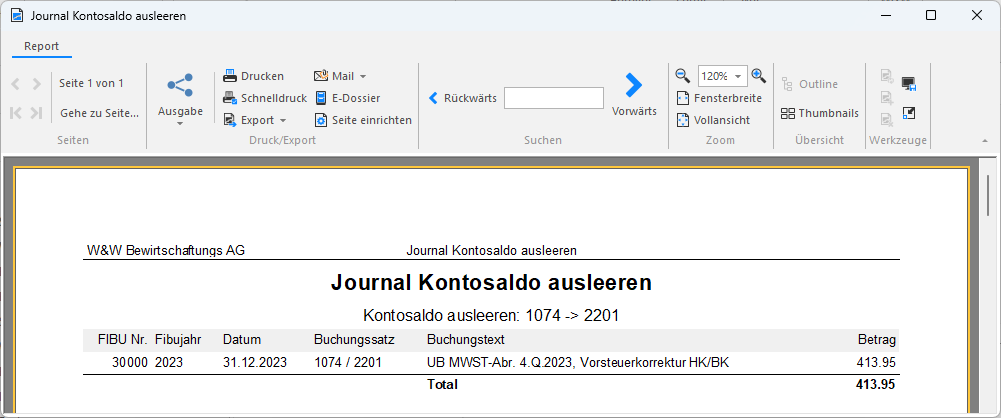 Screenshot: Journal Kontosaldo ausleeren mit der erzeugten Umbuchung