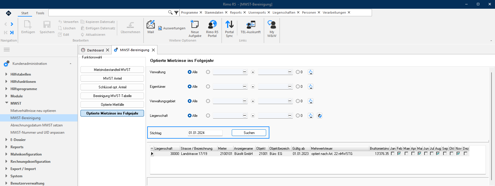 Screenshot: Hilfsprogramm Optierte Mietzinse ins Folgejahr mit aufgelisteten Mietverhältnissen