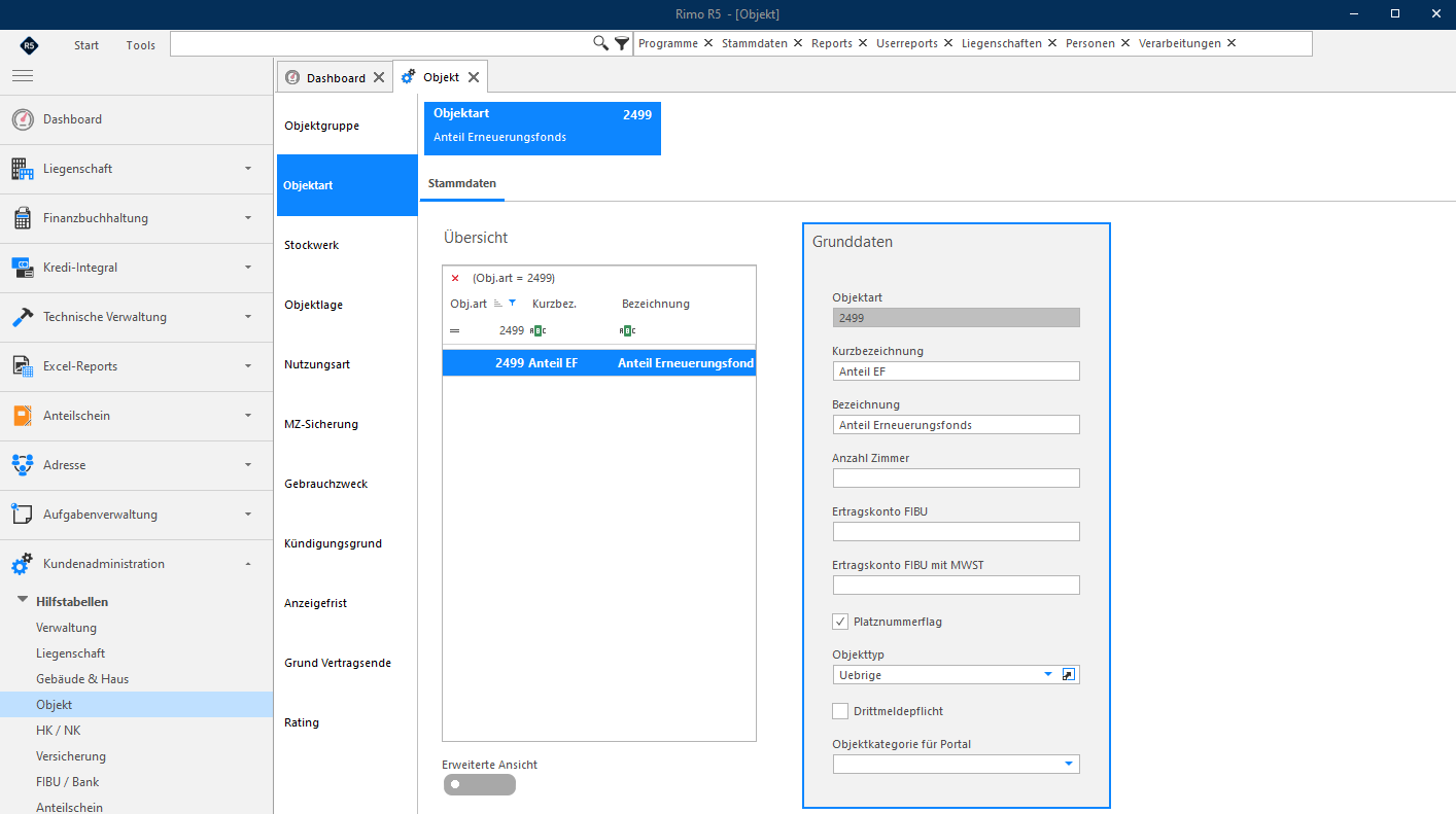 Screenshot: Hilfstabelle Objekt mit der Objektart Anteil Erneuerungsfonds
