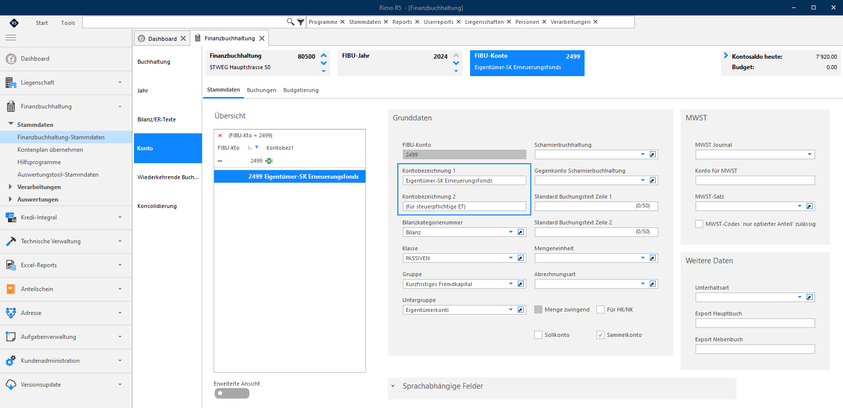 Screenshot: FIBU-Konto Eigentümer-SK Erneuerungsfonds für steuerpflichtige Eigentümer