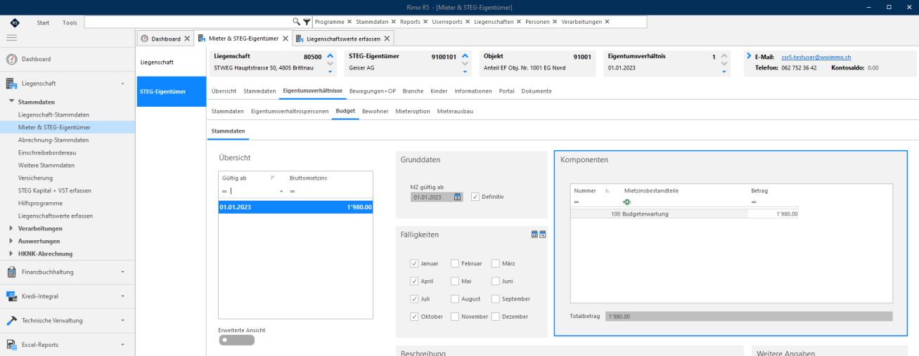 Screenshot: Budget-Stammdaten des EF-Eigentumsverhältnisses mit Budgeterwartung