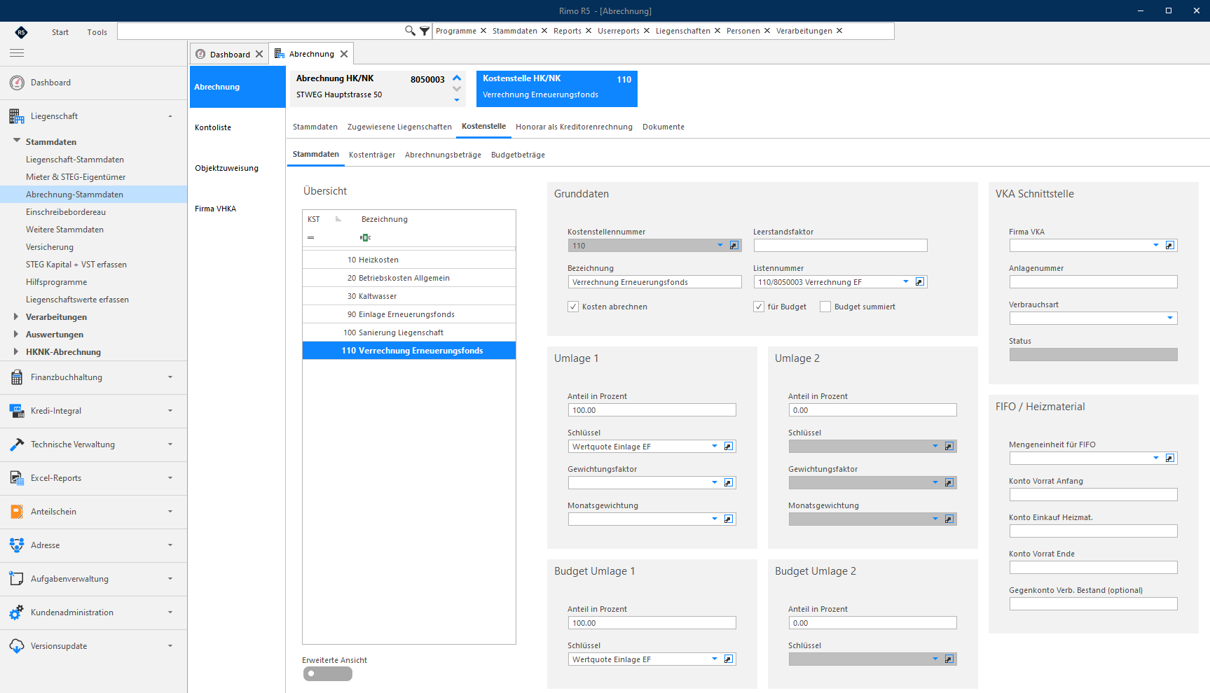 Screenshot: Kostenstelle Verrechnung Erneuerungsfonds in den Abrechnung-Stammdaten