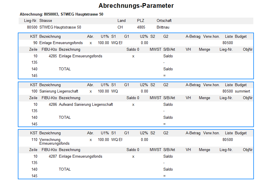 Screenshot: Report Abrechnungs-Parameter mit Kostenstellen und Kontolisten für den Erneuerungsfonds