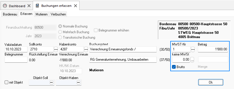 Screenshot: Manuelle Buchung der Verrechnung Erneuerungsfonds mit Betrag und MWST-Angabe