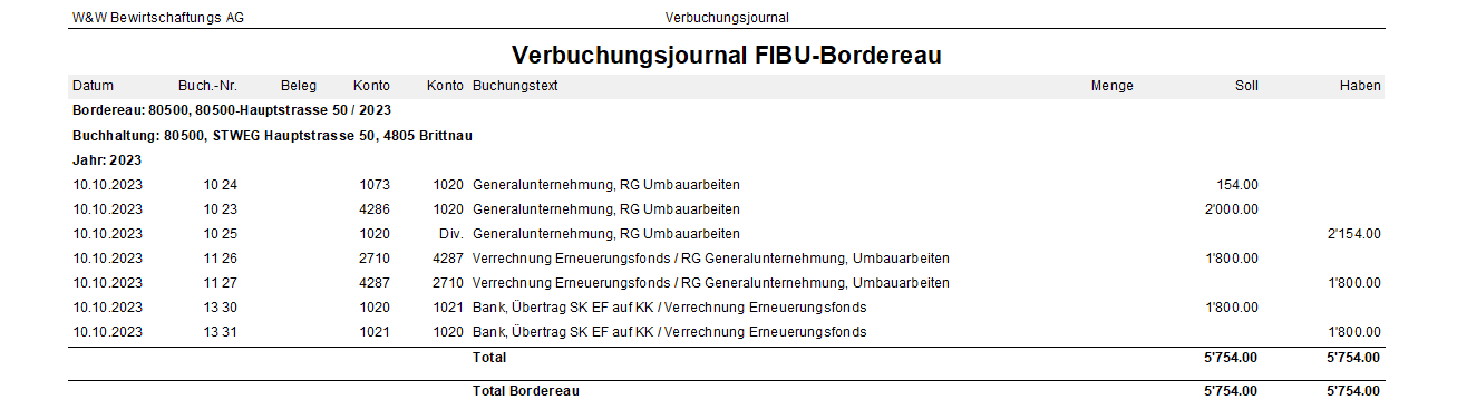 Screenshot: Erfasste Buchungen für Einlage, Sanierung und Verrechnung des Erneuerungsfonds