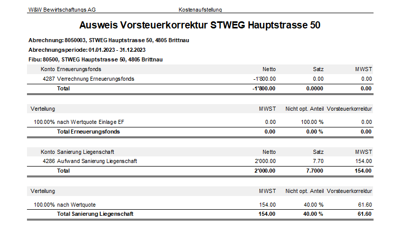 Screenshot: Ausweis Vorsteuerkorrektur für die Abrechnung einer optierten STEG