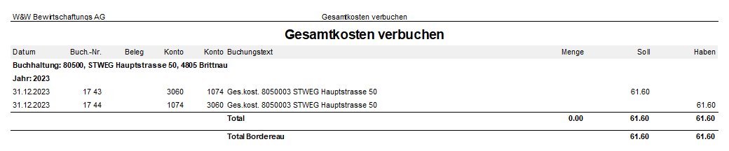 Screenshot: Gesamtkosten verbuchen mit Buchungen auf die Konti der Gesamtkosten
