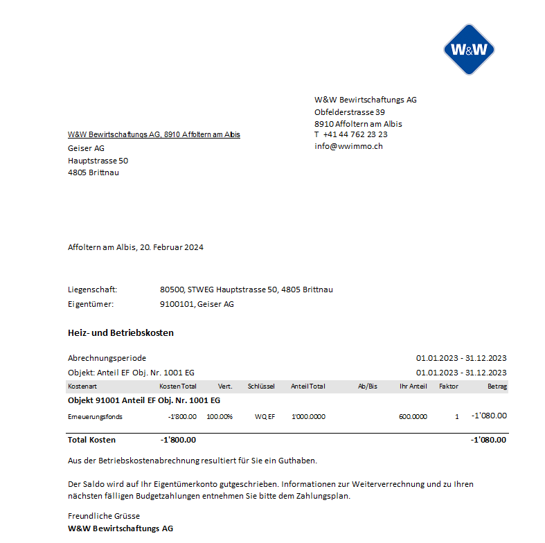 Screenshot: Heiz- und Betriebskostenabrechnung mit Gutschrift aus Einlage Erneuerungsfonds