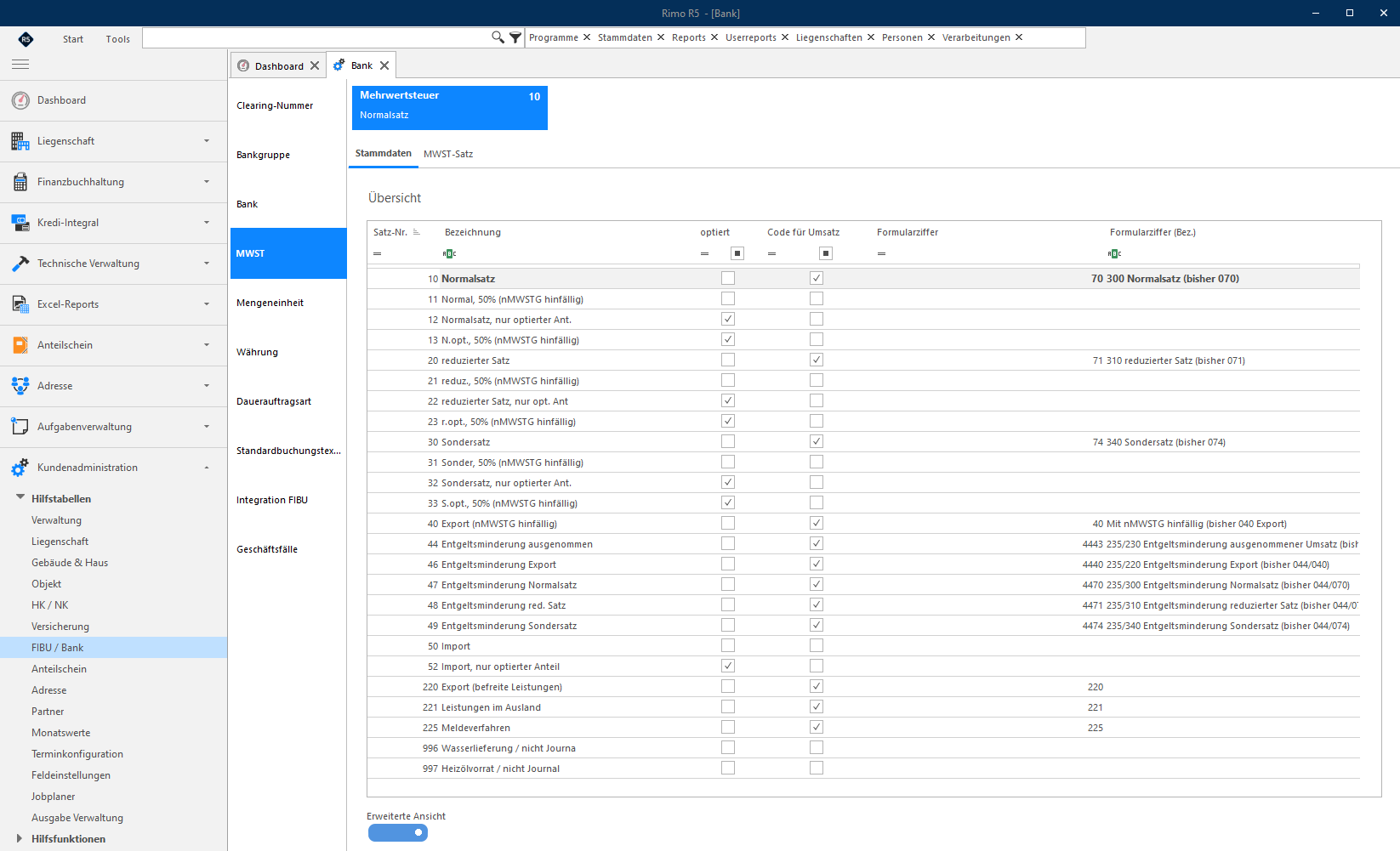 Screenshot: Hilfstabelle FIBU/Bank – Übersicht der MWST-Stammdaten