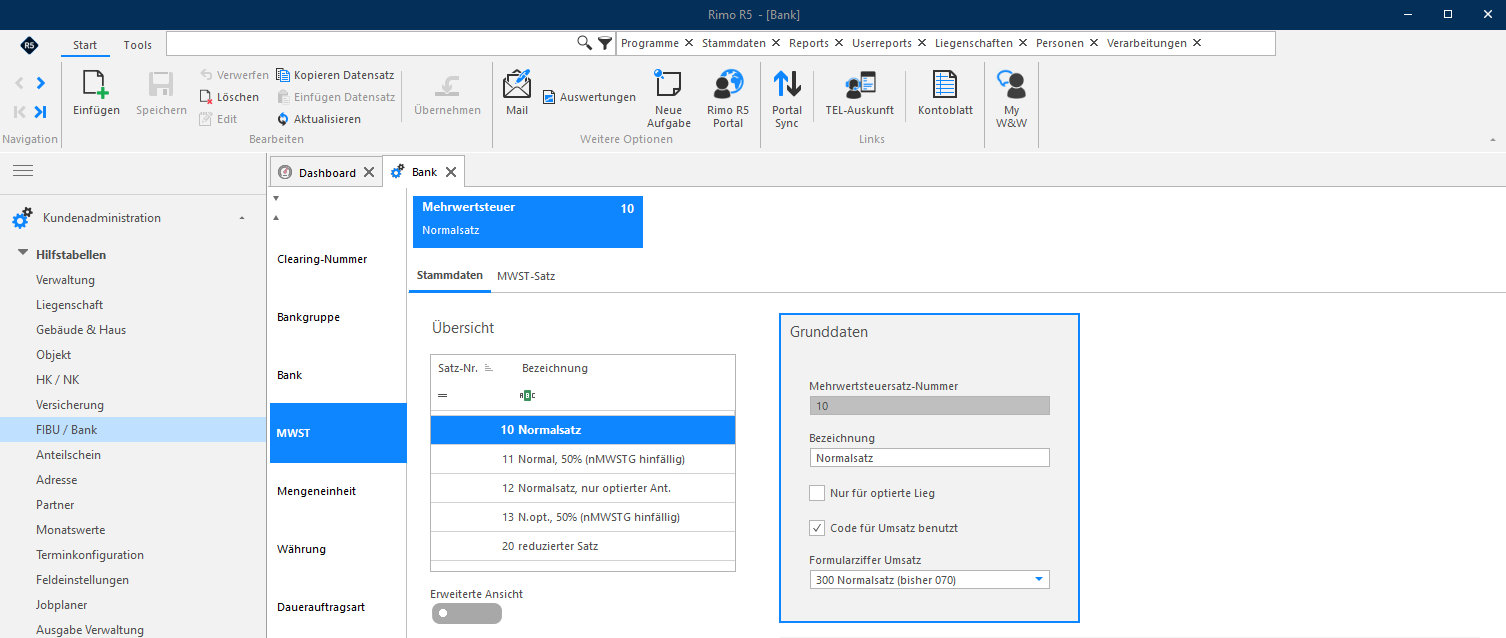 Screenshot: MWST-Stammdaten – Grunddaten eines Mehrwertsteuercodes