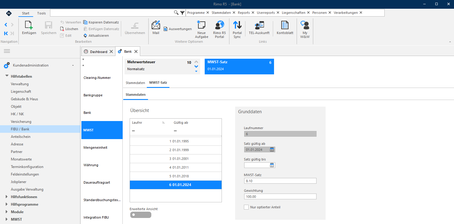 Screenshot: MWST-Satz – Grunddaten mit Satznummer, Gültigkeit und MWST-Satz