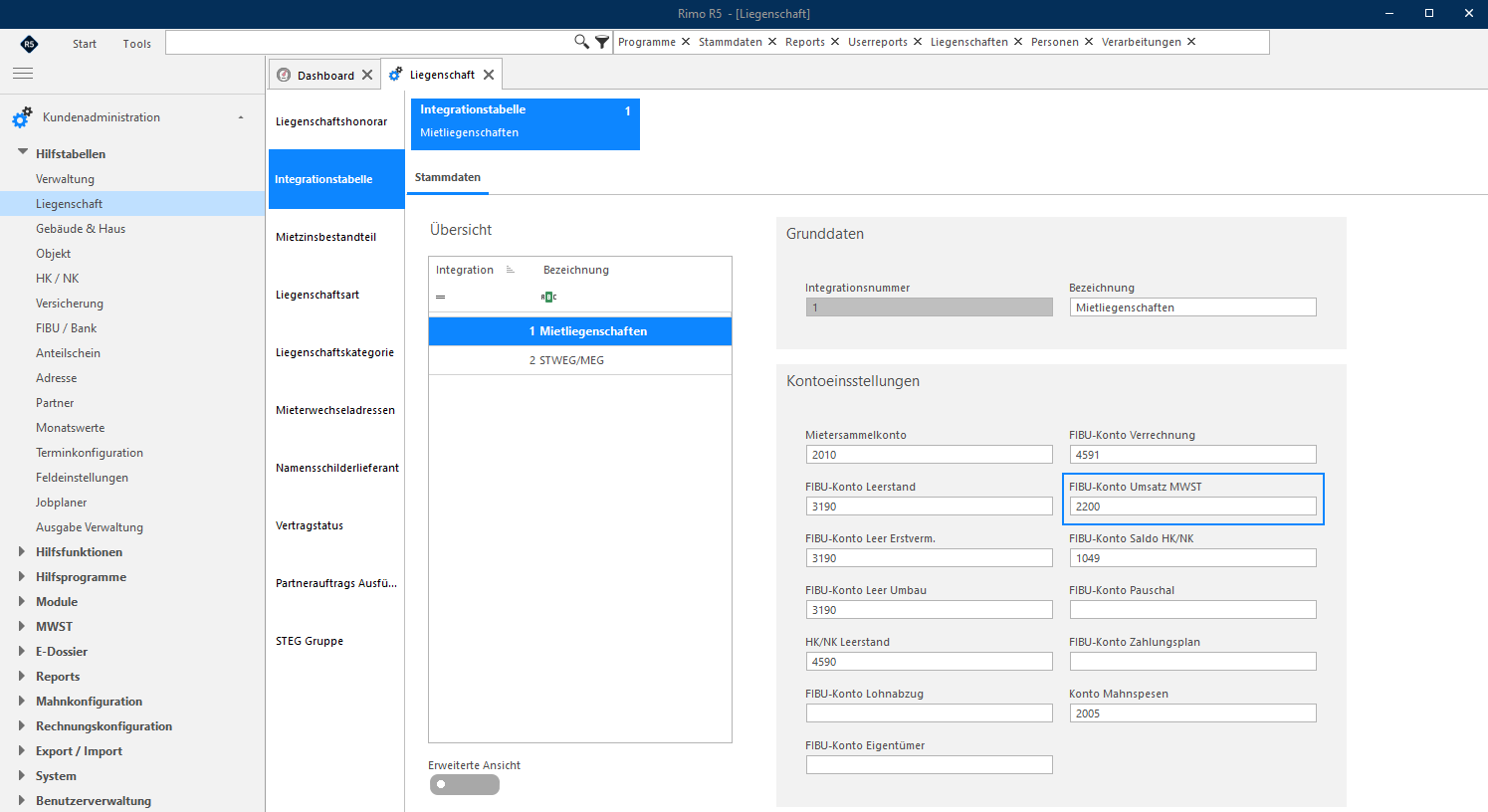 Screenshot: Integrationstabelle Mietliegenschaften – Grunddaten mit FIBU-Konto Umsatz MWST