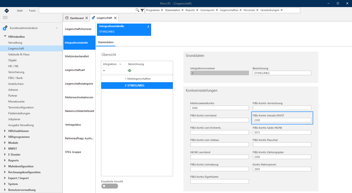 Screenshot: Integrationstabelle STWEG/MEG – Grunddaten mit FIBU-Konto Umsatz MWST
