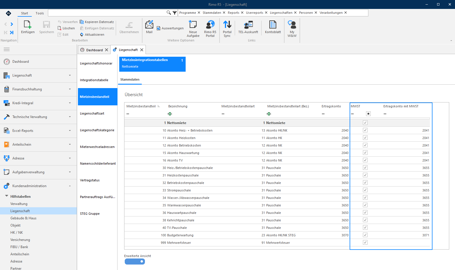 Screenshot: Hilfstabelle Mietzinsbestandteil – MWST-Flag und Ertragskonto mit MWST