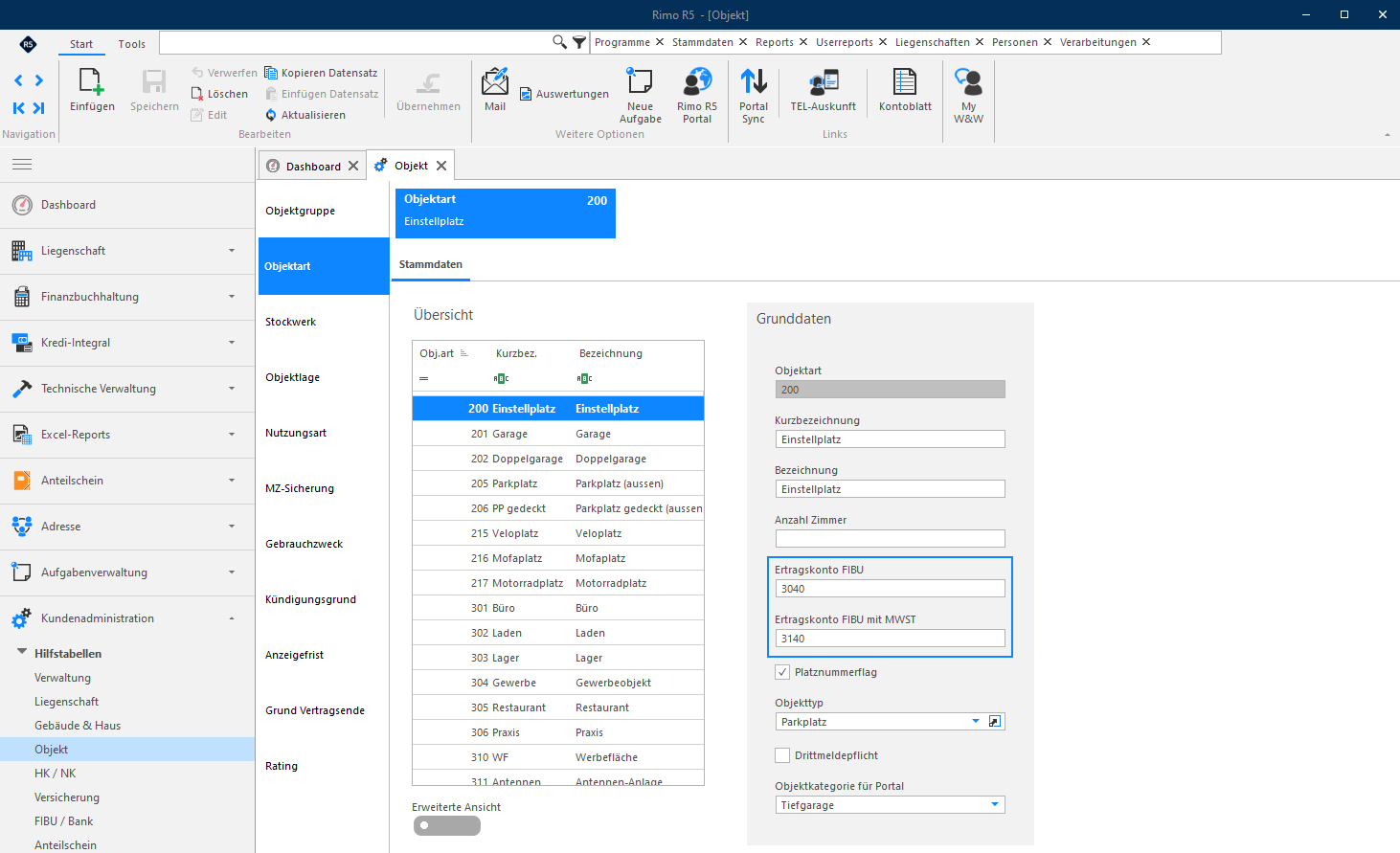 Screenshot: Hilfstabelle Objektart – Ertragskonto und Ertragskonto mit MWST in den Grunddaten