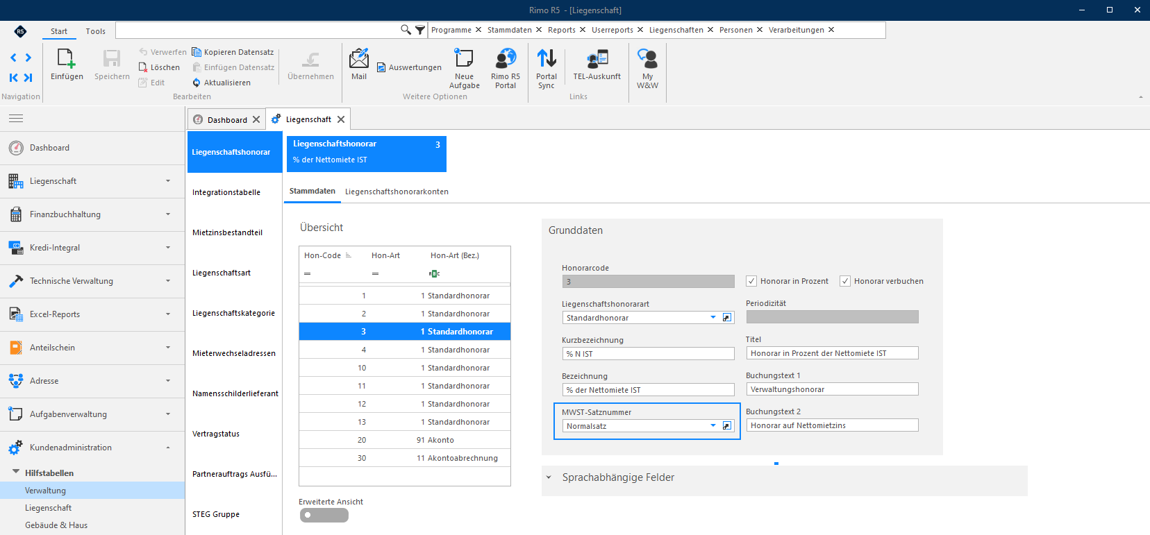 Screenshot: Hilfstabelle Liegenschaftshonorar – MWST-Satznummer im Honorar-Code