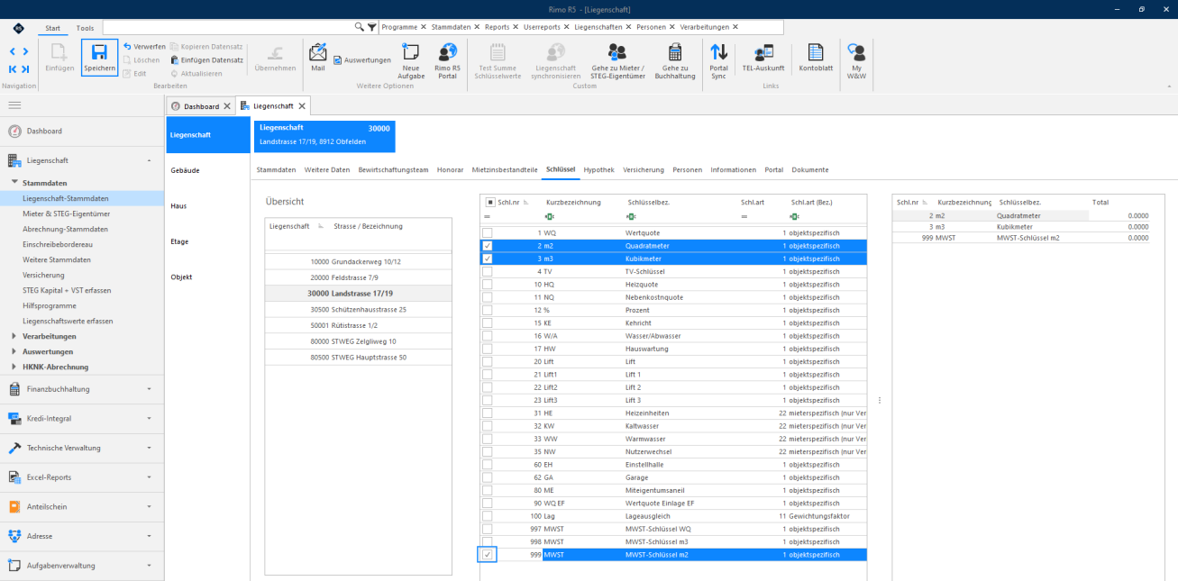 Screenshot: Liegenschaft-Stammdaten – Zuweisung eines MWST-Schlüssels im Register Schlüssel