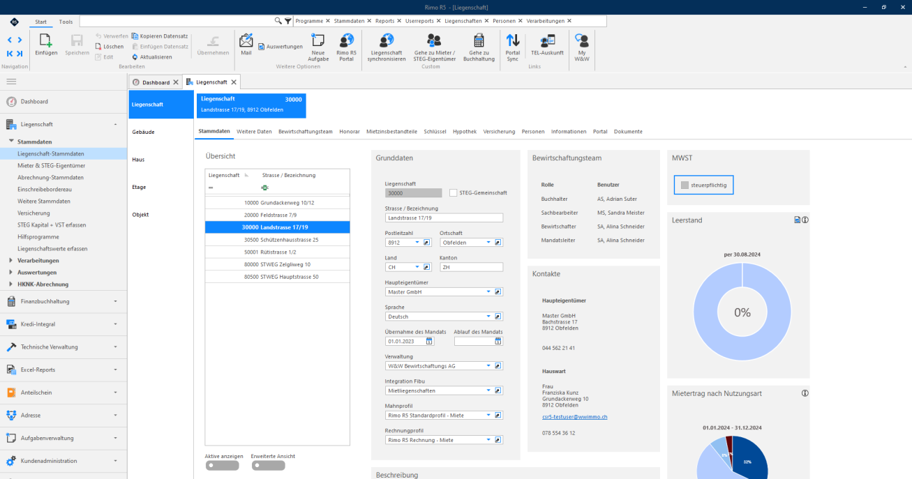 Screenshot: Liegenschaft-Stammdaten – aktivierte Gruppe MWST