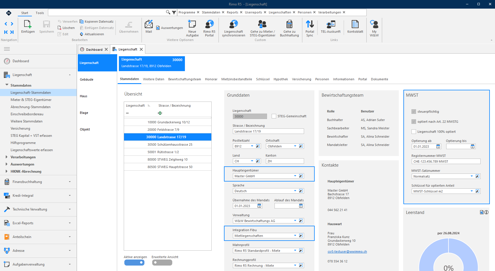 Screenshot: Mietliegenschaft optiert nach Art. 22 MWSTG – Liegenschaft-Stammdaten