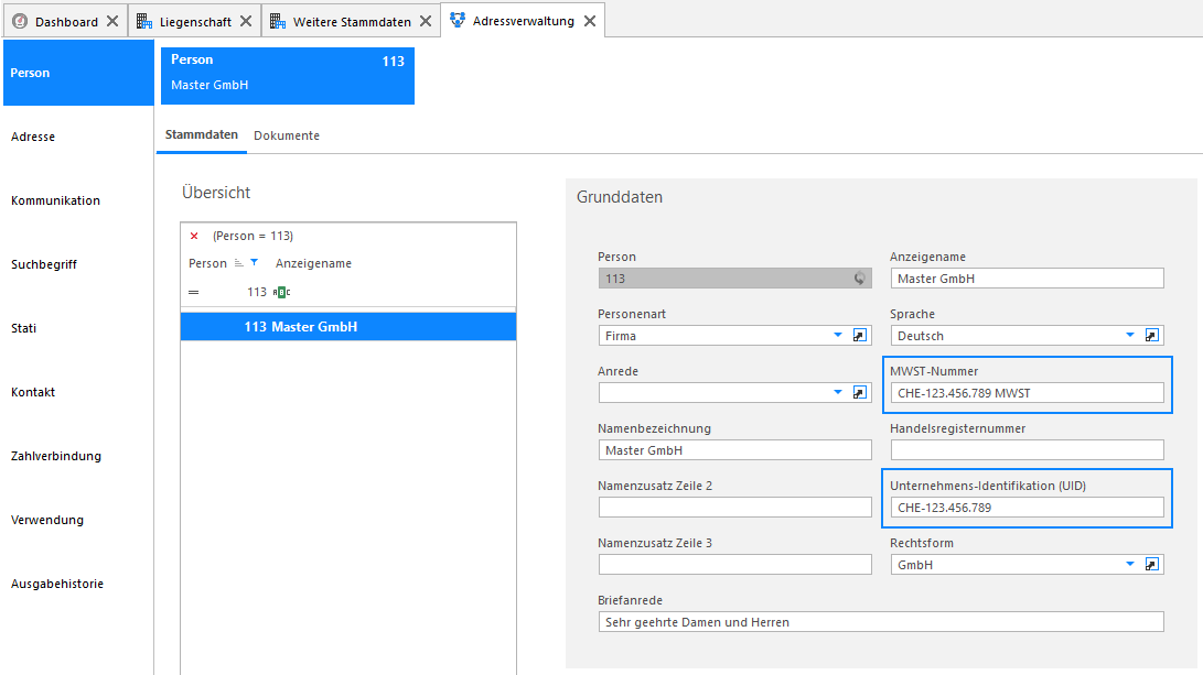 Screenshot: Haupteigentümer – hinterlegte MWST-Nummer der Person