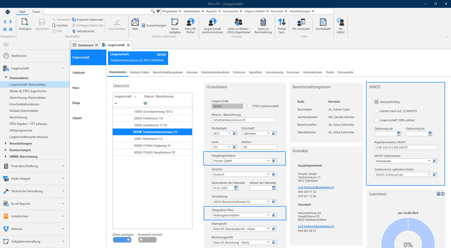 Screenshot: Mietliegenschaft mit steuerpflichtigen Parkplätzen – Liegenschaft-Stammdaten