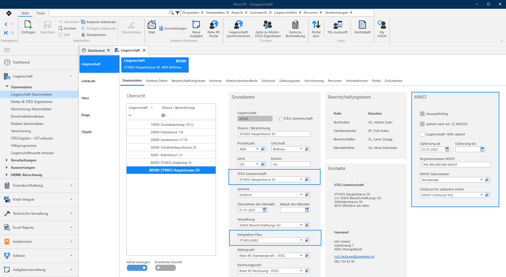 Screenshot: Stockwerkeigentümergemeinschaft optiert nach Art. 22 MWSTG – Liegenschaft-Stammdaten