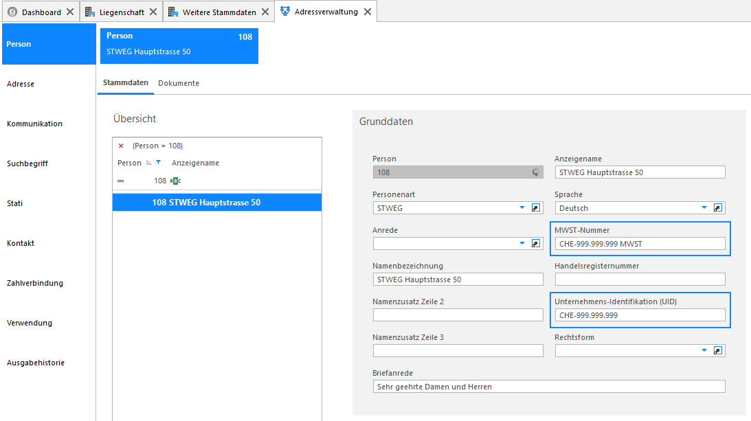 Screenshot: STWEG-Gemeinschaft – hinterlegte MWST-Nummer der Person