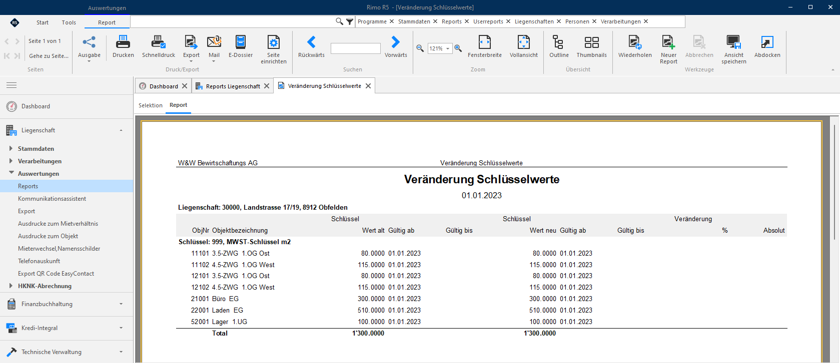Screenshot: Report Veränderung Schlüsselwerte – Kontrolle der Schlüsselwerte einer optierten Mietliegenschaft