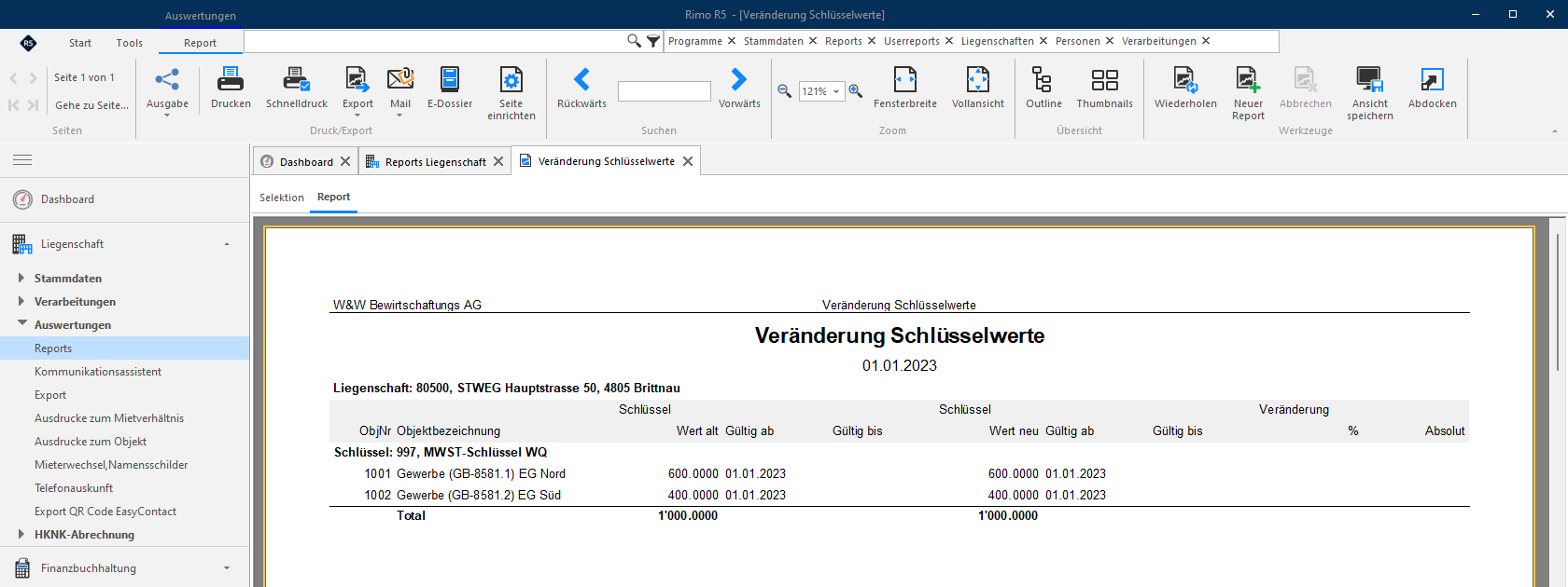 Screenshot: Report Veränderung Schlüsselwerte – Kontrolle der Schlüsselwerte einer optierten Stockwerkeigentümergemeinschaft
