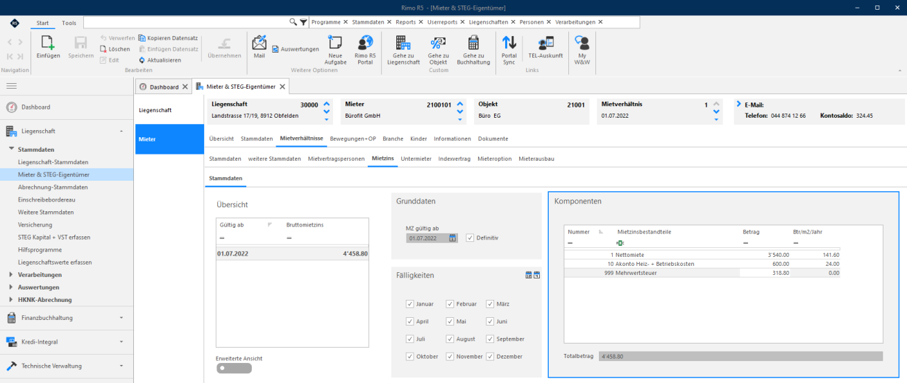 Screenshot: Mietzins-Stammdaten – automatisch ergänzter Mietzinsbestandteil Mehrwertsteuer