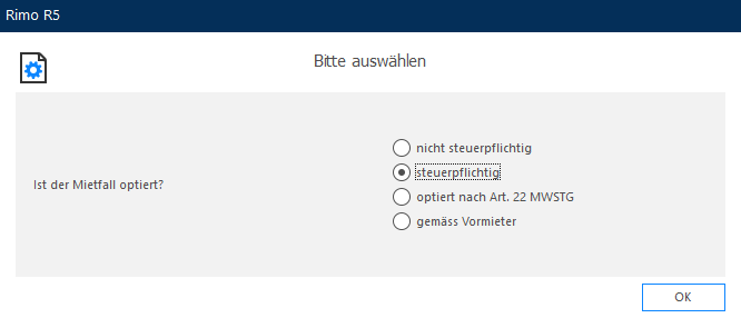 Screenshot: Dialog Steuerpflicht – Auswahl einer Voreinstellung für ein Mietverhältnis