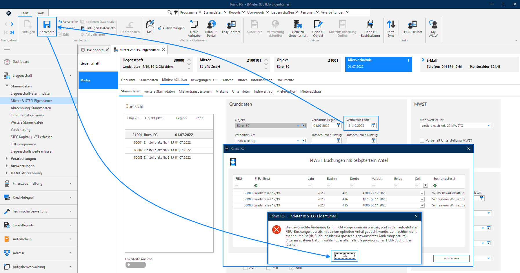 Screenshot: Meldung MWST-Buchungen mit teiloptiertem Anteil – aufgelistete betroffene Buchungen