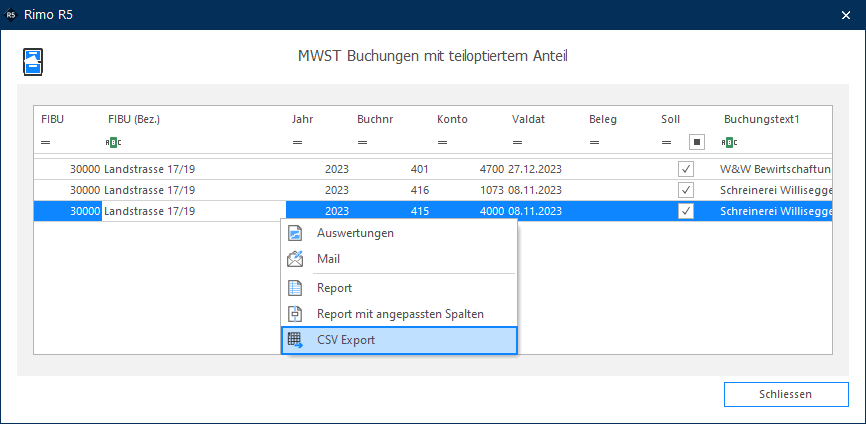 Screenshot: Datenexport – CSV-Export der aufgelisteten Buchungen