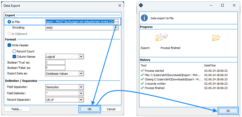 Screenshot: CSV-Export – Bestätigung des Ausgabepfads für die Exportdatei