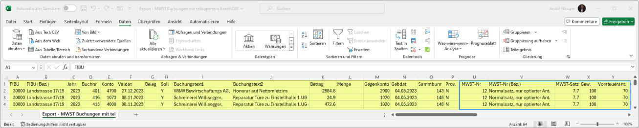 Screenshot: CSV-Datei – exportierte Liste der MWST-Buchungen