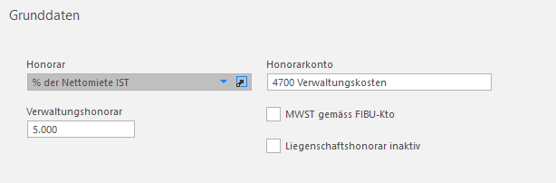 Screenshot: Register «Honorar» mit hinterlegtem Honorarkonto für eine optierte Mietliegenschaft
