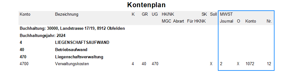 Screenshot: Kontenplan mit Honorarkonto für eine optierte Mietliegenschaft
