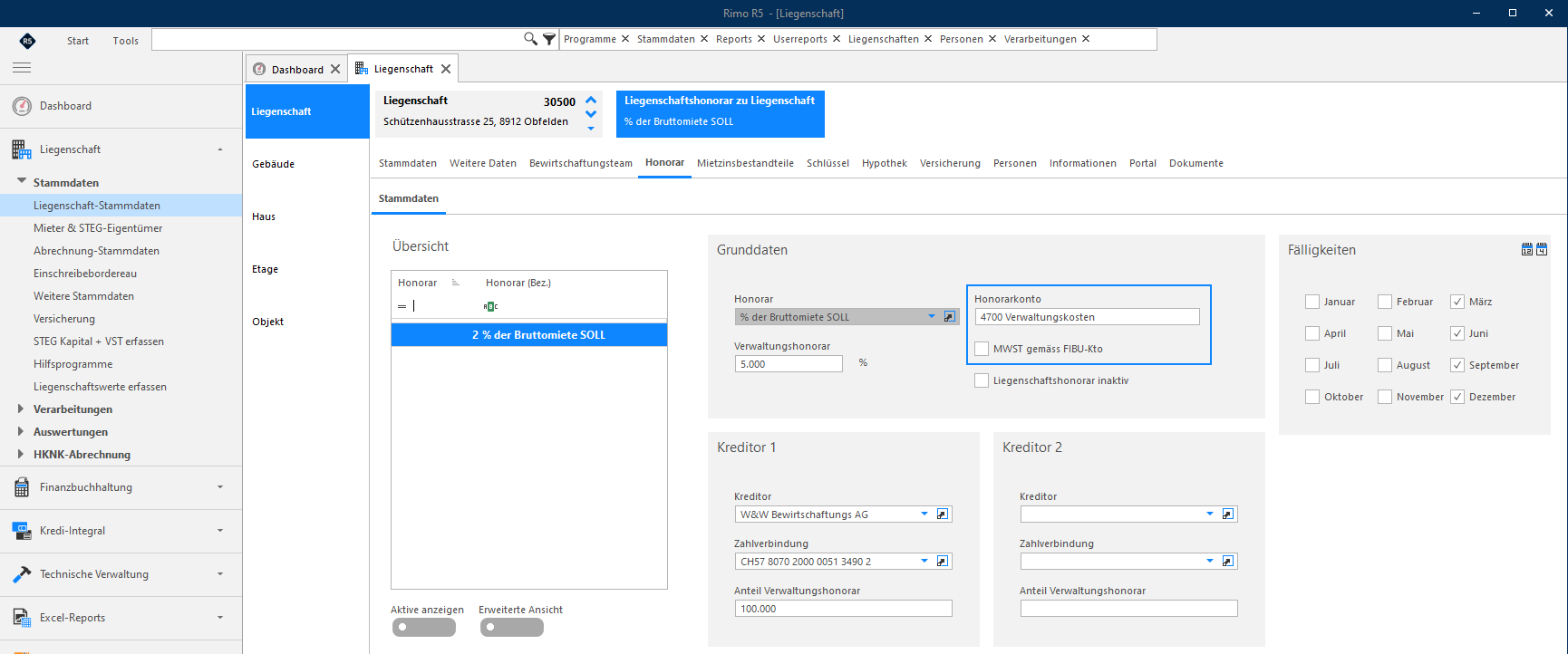 Screenshot: Register «Honorar» für eine Mietliegenschaft mit steuerpflichtigen Parkplätzen