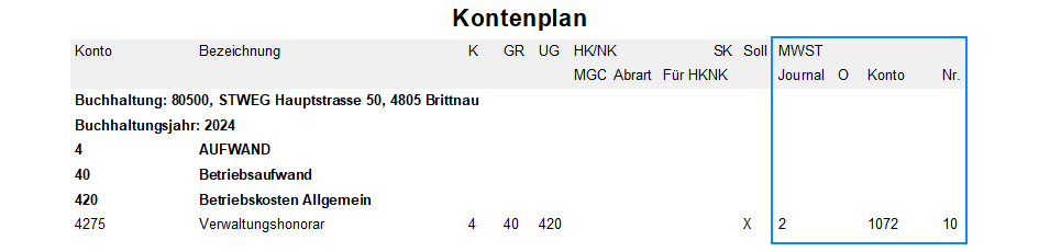 Screenshot: Kontenplan mit Honorarkonto für eine optierte Stockwerkeigentümergemeinschaft